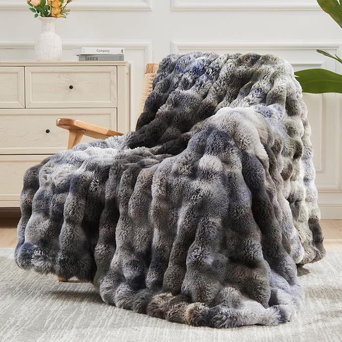 NEWCOSPLAY Faux Fur Twin Blanket Tie-dye Grey Luxury Fluffy Thick Warm Bubble Blanket for Couch Sofa Bed 700GSM (Tie-dye Grey, Twin(60"x80"))-Ruum Studio Home