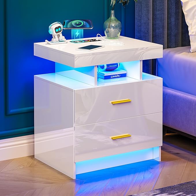 Night Stand with Light, High Gloss Nightstand with USB/Wireless Charging Station, LED White Nightstands with Storage Drawers, RGB Side End Table for Bedroom Furniture（White-Ruum Studio Home