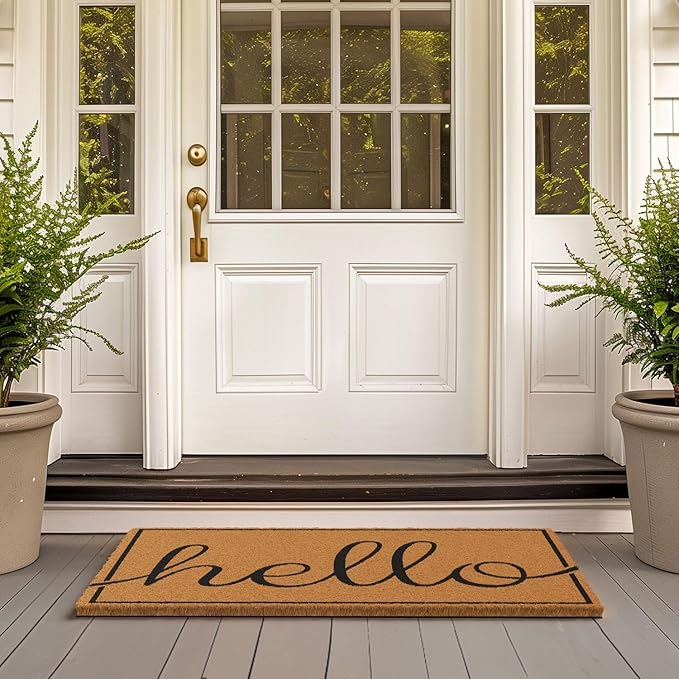 Barnyard Designs Natural Coco Coir Heavy Duty Backing Doormat - Large Cute Non-Slip Front Door Welcome Mat for Outside Entrance or Porch Entry, Brown (24x36, Hello)-Ruum Studio Home