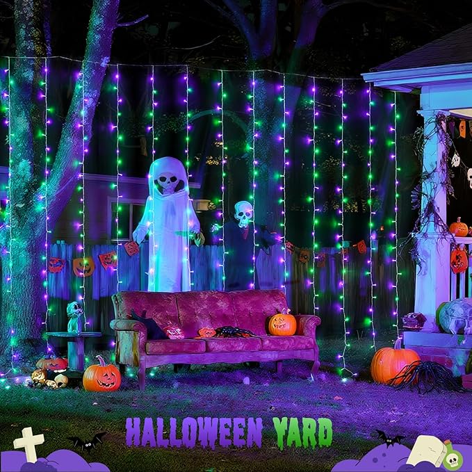 JMEXSUSS 300LED Halloween Curtain Lights with Remote, 9.8x9.8ft Halloween Lights Plug in, Christmas Twinkle Hanging String Light for Bedroom Wall Window Backdrop Indoor Outdoor Decor, Purple and Green-Ruum Studio Home