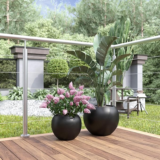 DTY Signature Mount Sherman Lightweight Durable Modern Fiberstone Sphere Planter for Indoor & Outdoor Drainage Hole & Rubber Plug Weather Resistant, 13.5" H x 17" Dia, 12" Opening- Medium, Black-Ruum Studio Home