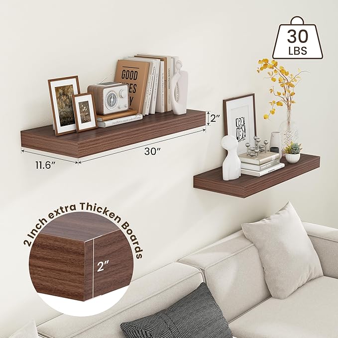 Deep Floating Shelves for Wall | 12 Inch Deep Floating Shelves 30 Inches Long Set of 2 | Rustic Walnut Floating Shelves for Living Room Bathroom Laundry Room Bedroom Kitchen Home Office-Ruum Studio Home