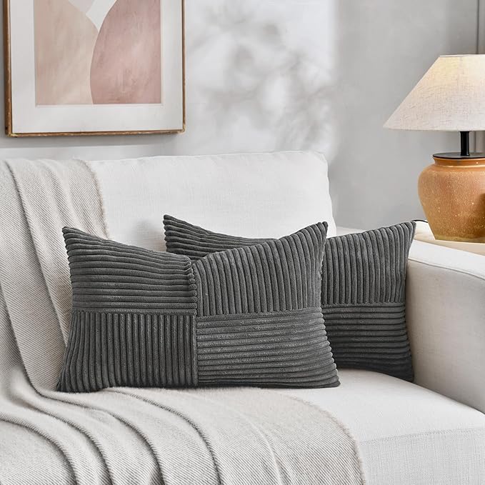 Fancy Homi 2 Packs Dark Gray Lumbar Decorative Throw Pillow Covers 20x28 Inch for Living Room Couch Bed Sofa, Farmhouse Home Decor, Soft Striped Corduroy Rectangle Accent Cushion Case 50x70 cm-Ruum Studio Home
