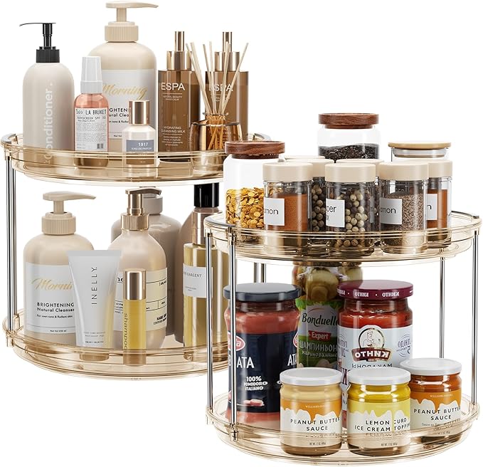LAMU 2 Pack 2 Tier Lazy Susan Turntable Organizer 9.25'' Rotating Spice Rack Organization for Cabinet, Kitchen, Pantry, Countertop, Bathroom, Vanity, Medicine Cabinet Organizer, Amber-Ruum Studio Home