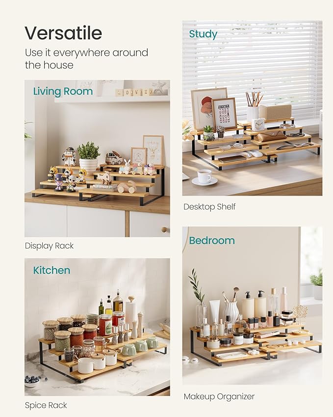 SONGMICS Display Risers, Set of 2 Engineered Wood Perfume Organizer Stand, 4-Tier Cupcake Stand Holder, Spice Rack, Shelf Risers for Figures, Dessert Shelves, Natural Beige and Ink Black UKCS216N01-Ruum Studio Home