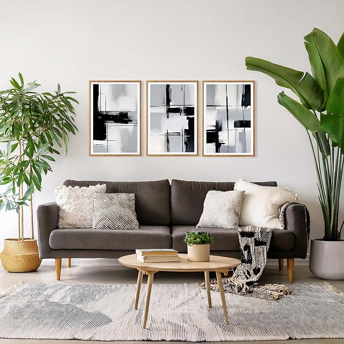 HPNIUB Modern Abstract Geometric Wall Art, Black & White Canvas Neutral Prints, Minimalist Bohemian Mid-Century Wall Art for Hallway, Office Wall Decor- 16"x24"x3-Ruum Studio Home