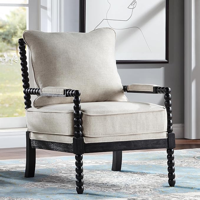DUHOME Linen Fabric Spindle Accent Chair with Wood Frame,Bobbin Chair with High Resilience Spring Cushion and Armrest Pads, Leisure Armchair for Living Room Bedroom Farmhouse Home Office Belcony-Ruum Studio Home