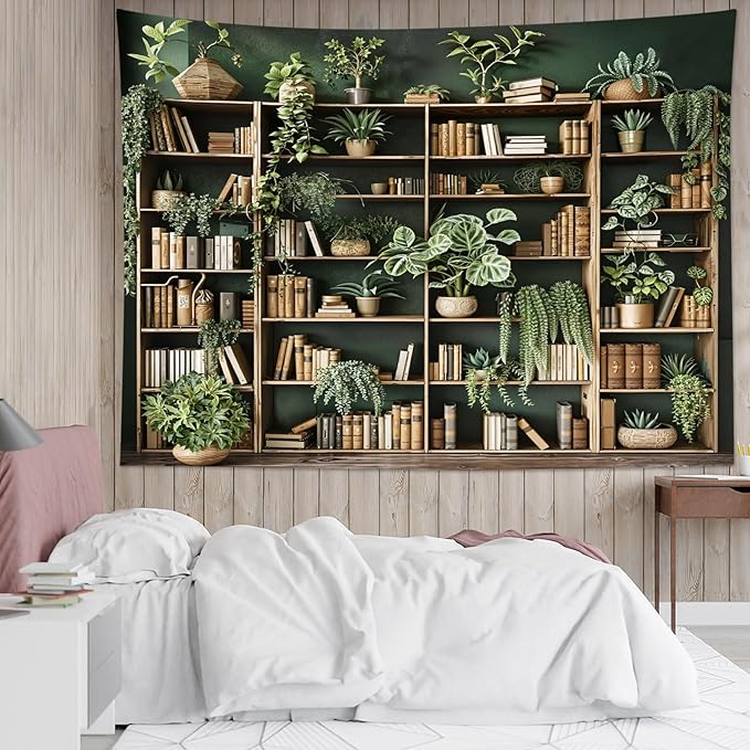 HVEST Green Plant Bookshelf Tapestry Book on Bookshelf and Plant Potted Tapestry Wall Hanging Reading Wall Art Decor for Study Room Bedroom Living Room College Dorm, 40L x 60W Inches-Ruum Studio Home