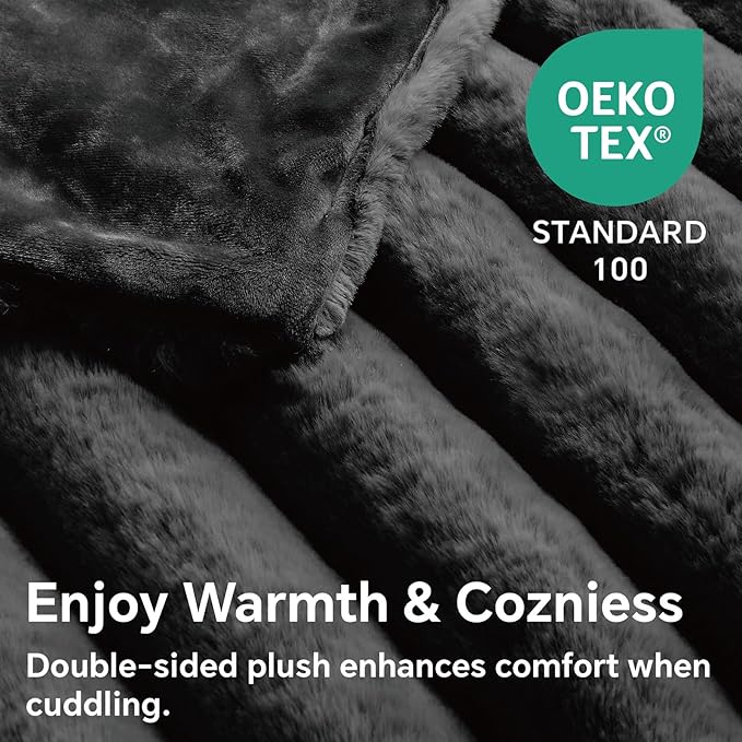 BEDELITE Faux Fur Throw Blanket for Couch, Soft and Cozy Luxurious 3D Striped Fluffy Blanket, 770GSM Thick Warm Plush Fuzzy Faux Rabbit Fur Blanket for Women Gift (Black, 60"x 80")-Ruum Studio Home