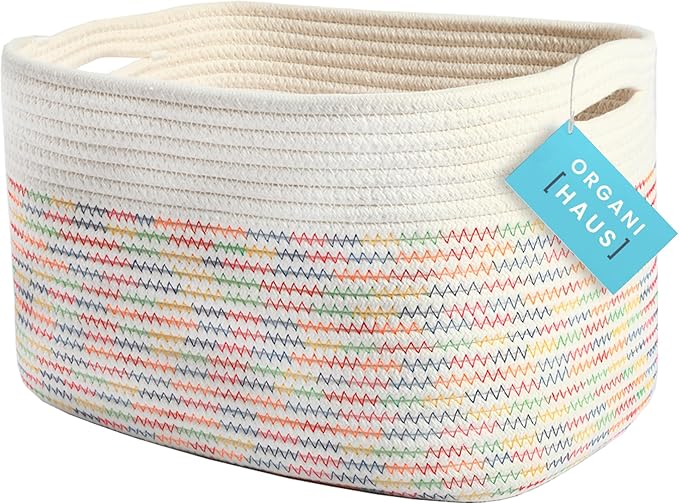 OrganiHaus Woven Storage Baskets for Organizing, Cotton Rope Organizer Bins for Shelves, Closet & Nursery, Dog Toy Basket, Decorative Bins for Toys, Towels & Books - 15x10x9, Rainbow Stitches-Ruum Studio Home