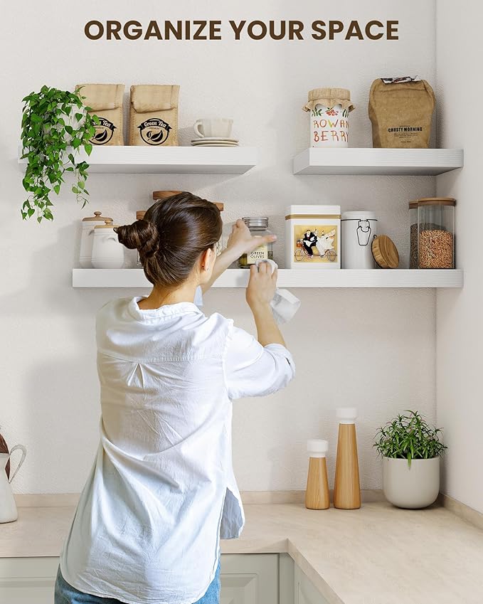 Marsmiles 72" Floating Shelves for Wall, Wooden Shelves with Invisible Brackets Set of 2, Rustic Farmhouse Wall Mounted Shelf for Kitchen Bathroom Living Room Study, White-Ruum Studio Home