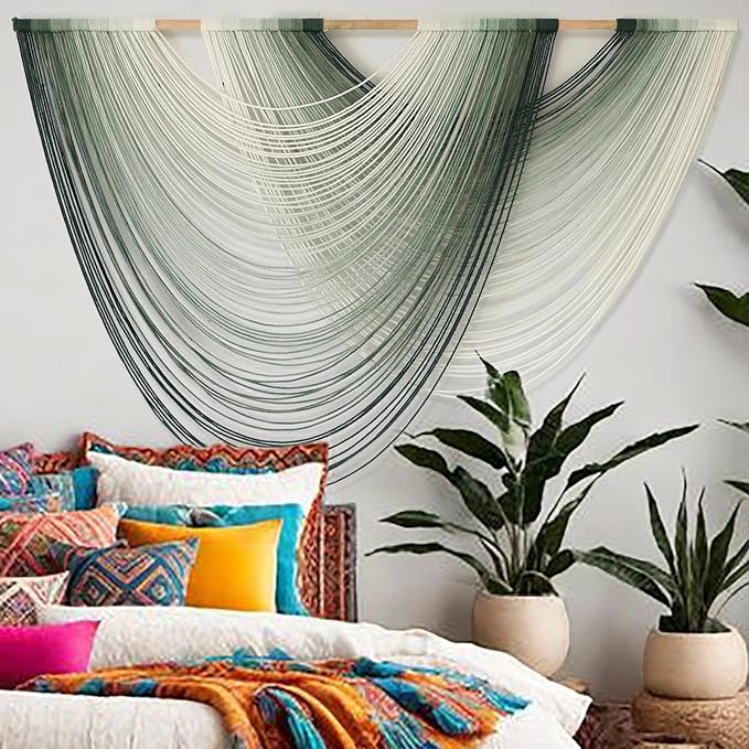 Macrame Wall Hanging Green Yarn Art Dip-Dye Boho Wall Decor Fiber Wall Art Craftsmanship Home Decor 57" W x 39" L-Ruum Studio Home