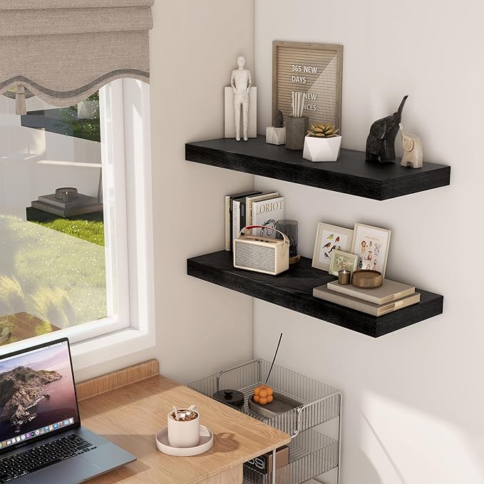 Fun Memories 30 Inch Floating Shelves Black, 12 Inch Deep Floating Shelf for Books, 30 x 12 x 2 Deep & Thicked Wall Shelves for Bathroom, Living Room, Kitchen, Set of 1-Ruum Studio Home