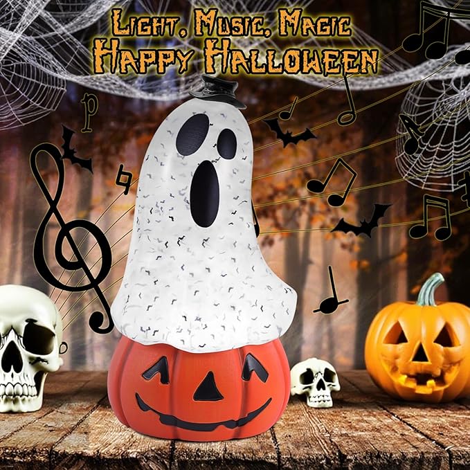 Halloween Snow Globe Lantern Spooky Glost and Pumpkin Halloween Snow Globes Musical Water Glitter Globe with 6H Timer Battery Operated or USB Powered for Spooky Home Decorations (Ghost and Pumpkin)-Ruum Studio Home