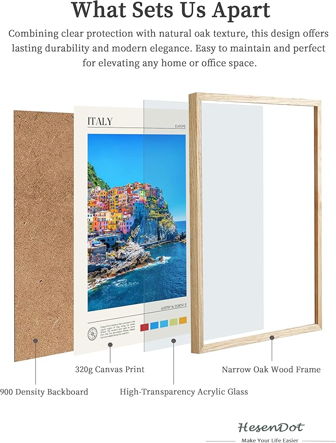 HesenDot Natural OAK Wood Framed Cinque Terre National Park Wall Art,12x16in Italian Natural Seascape Canvas Wall Print,Classic Urban Landmark Wall Decor for Living Room, Bedroom,Office Set of 1-Ruum Studio Home