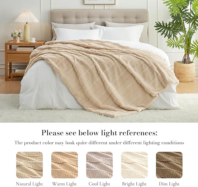 Amélie Home Luxury Striped Faux Fur Throw Blanket for Couch, Embossed Split Fur Cozy Fuzzy Fluffy Luxurious Soft Plush Sofa Chair Bed Gift Blankets for Women Men Wife Friend, 60"x80", Beige-Ruum Studio Home