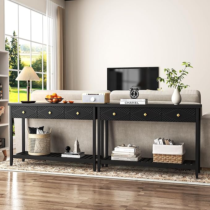 47" Console Table with 3 Drawers, Fluted Narrow Long Entryway Table with Storage Shelf, Accent Table for Entryway, Living Room, Behind Couch, Foyer, Hallway, Office-Ruum Studio Home