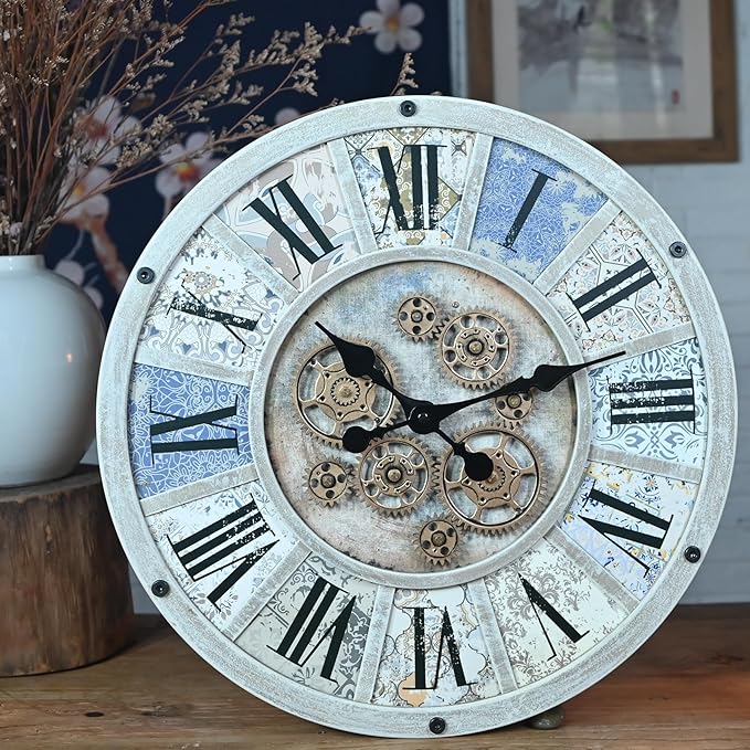 Unique Moving Gear Large Wall Clock 21inch-Battery Powered. Retro Industrial Steampunk Country Farmhouse Decor for The Living Room Kitchen Bars cafes Offices(whith/metal/21)-Ruum Studio Home