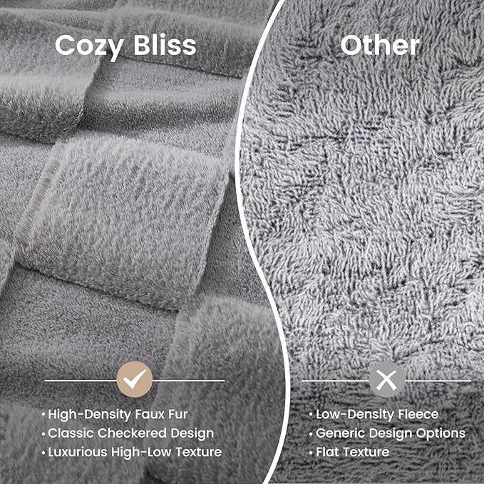 Cozy Bliss Checkered White Faux Rabbit Fur Throw Blanket, Soft Fuzzy Fluffy Minky Cream Furry Blankets for Couch, Bed (Grey, King(108" x 90"))-Ruum Studio Home