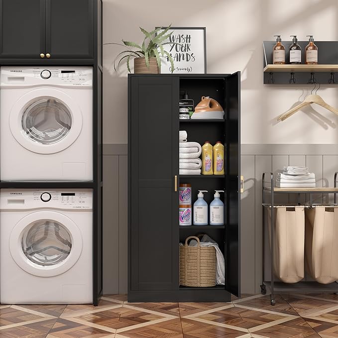 Kitchen Cabinet Storage,60”Metal Pantry Cabinet with Doors and 3 Adjustable Shelves,Food Pantry Cabinets with 2 Gold Handles,Black Tall Storage Cabinet for Livingroom,Pantry,Bathroom,Kitchen-Ruum Studio Home