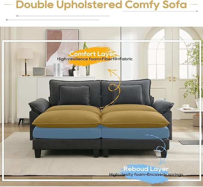 URRED Modular Sectional Sofa Comfy Cloud Couch, Modern Velvet Sofa Sleeper Deep Seat Couches with Ottoman/Pillows for Living Room (Dark Gray, 82.6''- 2 Ottomans)-Ruum Studio Home