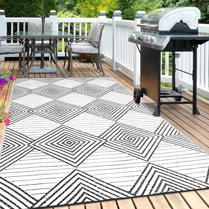 Waterproof Outdoor Rug 8x10ft, Foldable Reversible Plastic Straw Mat for Patio RV Deck Porch Backyard Balcony Camping Picnic Beach Indoor Outdoor Carpet, Black&White-Ruum Studio Home