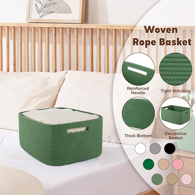 OIAHOMY Storage Basket for Shelves, Closet Cube Storage Bins Baskets for Clothes Blanket Towels, Baby Nursery, Toy Baskets Box, Woven Rope Basket, 17.72*12.99*7.87 IN, 2 Packs Olive Green-Ruum Studio Home