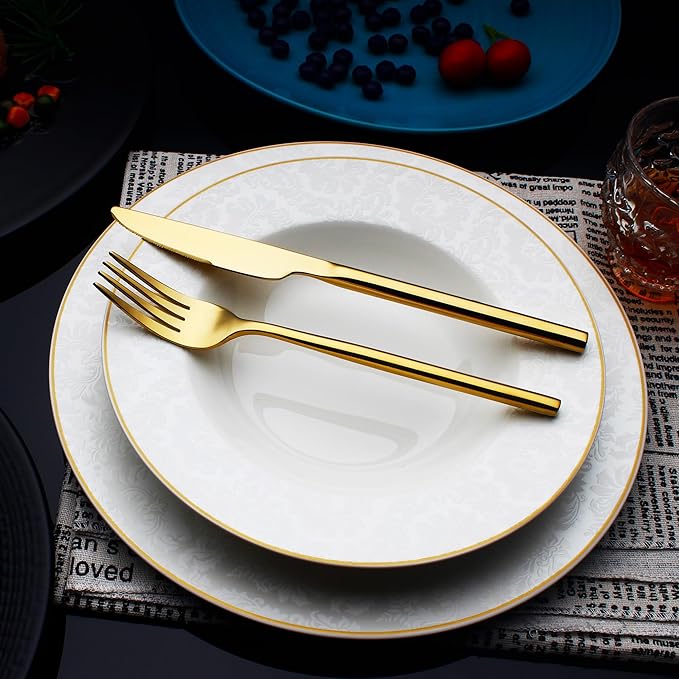 24 Piece Silverware Set For 6 Gold Heavy duty 18/10 Stainless Steel Flatware Set Modern Design Knife/Fork/Spoon Mirror Polished Dishwasher Safe Cutlery Set with Gifts-Ruum Studio Home