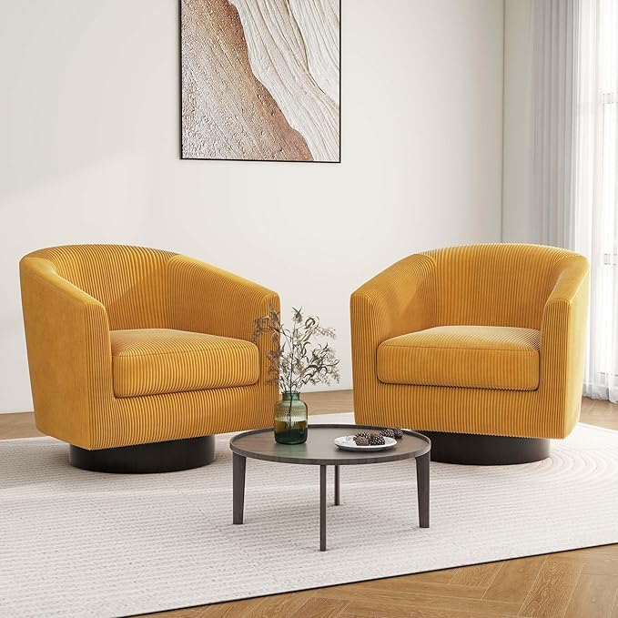 Swivel Barrel Accent Chair, Modern Round Corduroy Fabric Arm Chair for Living Room, Bedroom, Comfy Club Reading Chairs for Adults, Corduroy Orange, Set of 2-Ruum Studio Home