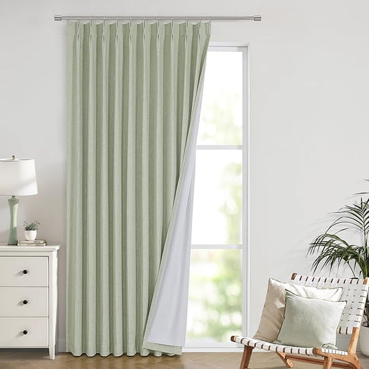 Vision Home Soft Green Pinch Pleated Full Blackout Curtains Linen Blended Room Darkening Window Panels 90 inch for Living Room Bedroom Thermal Insulated Pinch Pleat Drapes with Hooks 60" Wx90 Lx1