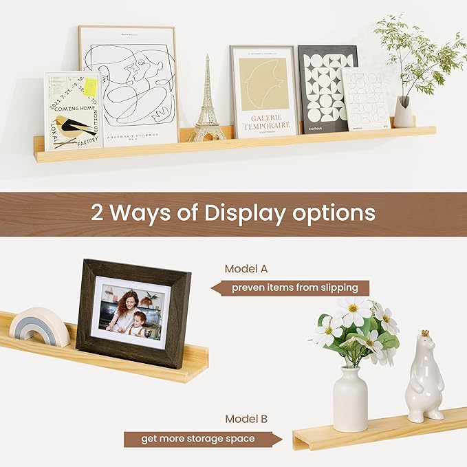 Picture Ledge Shelf, Solid Pine Wood Floating Shelves Set of 2, 40 Inches Nursery Book Shelves for Toys Storage, Kids Bookshelf Wall Mounted for Living Room Bedroom Decor Books Photo Frames, Natural-Ruum Studio Home