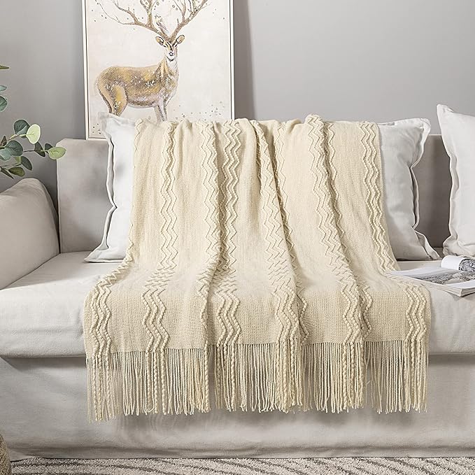 MIULEE Knitted Beige Throw Blanket Soft Sofa Knit Blanket for Couch 50 x 60 Inches, Solid Cozy Lightweight Wave Pattern Decorative Blankets with Tassels for Women, Kids and Babys-Ruum Studio Home