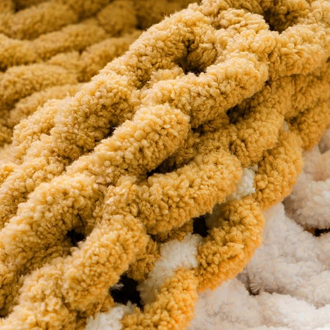 Battilo Chunky Knit Throw Blanket, Soft and Thick Chenille Throw Blanket, 50"x60" Handmade Cable Knit Crochet Blanket, Large Rope Knot Throw Blankets for Couch Sofa Bed Home Decor, Yellow & White-Ruum Studio Home