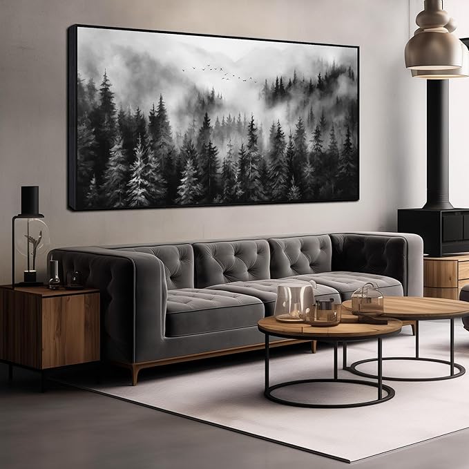 Foggy Forest Wall Art for Living Room Black and White Pictures for Wall Home Office Wall Decor with Black Frame 29 x 58 Inch-Ruum Studio Home