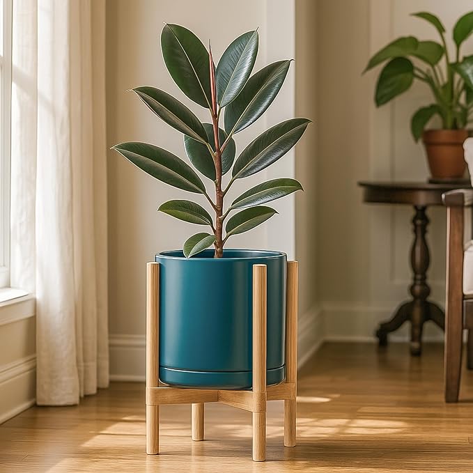 D'vine Dev Ceramic Planter with Natural Stand - 12 Inch Modern Round Flower Pot with Wood Planter Holder, Teal, 55-B-J-4-Ruum Studio Home