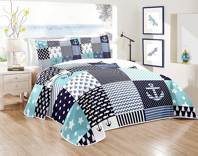 Nautical Bedding Queen Size Coastal Quilt with 2 Shams, Coastal Beach Comforter Sets Ocean Bedspreads Coverlet Summer Bedding, 90''x96''-Ruum Studio Home