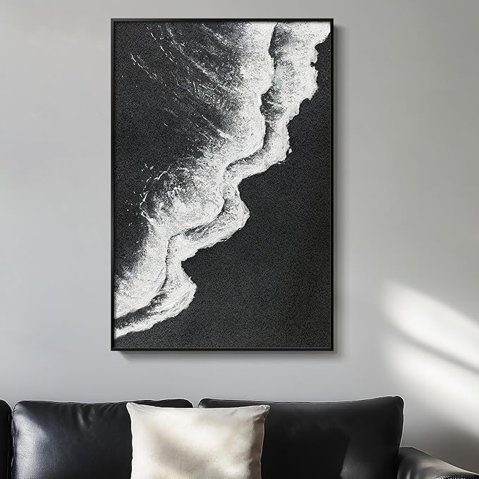 Framed Black and White Abstract Beach Canvas Wall Art, Modern Minimalist Art Prints Paintings Artwork for Walls, Ocean Wave Pictures for Living Room Dining Room Bedroom Bathroom Wall Decor 24x36 In-Ruum Studio Home
