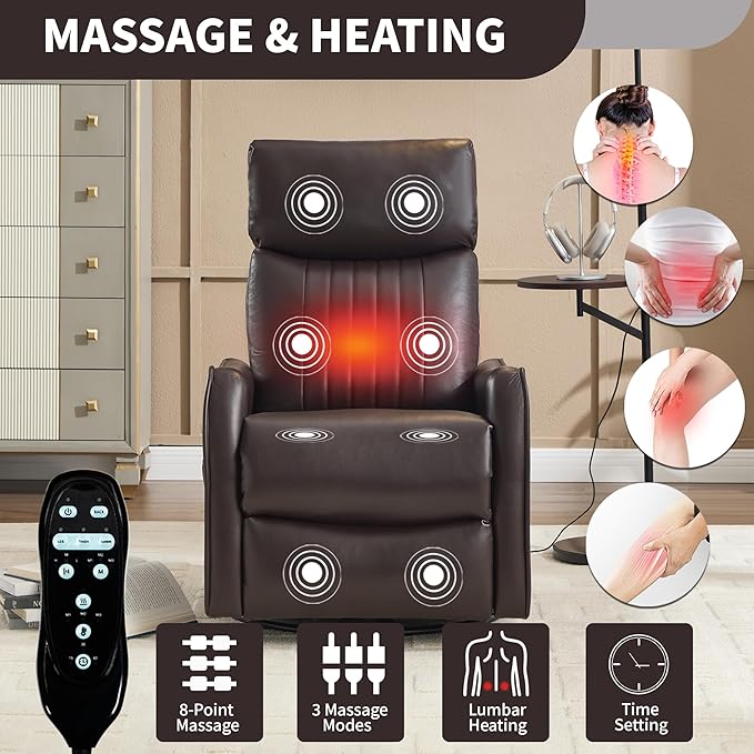 Manual Swivel Rocker Recliner Chair for Adults, Overstuffed Reclining Glider Chair for Nursing with Vibration Massage & Heat, Living Room Rocking Recliner 2-Stage backrest, Faux Leather Brown-Ruum Studio Home