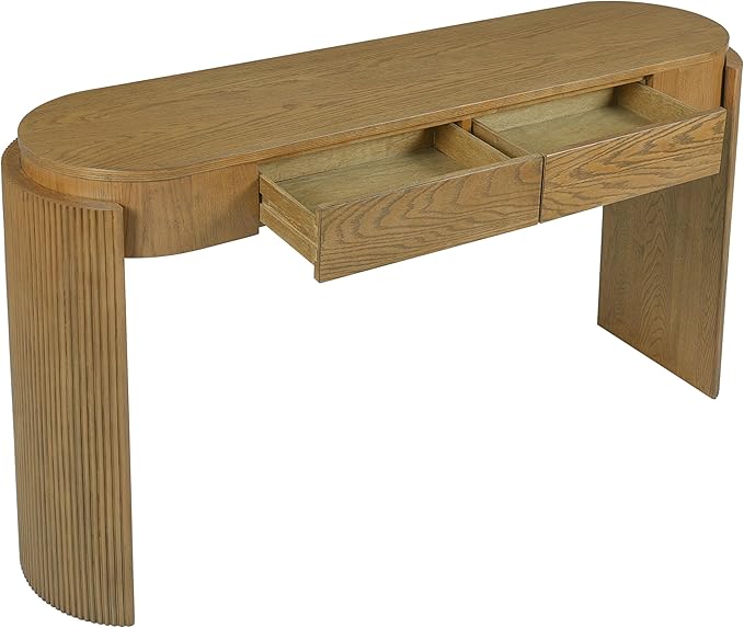 55" Sofa Table with Oval Top and 2 Drawers, Entryway Console Table with Fluted Design for Hallway,Foyer,Entry and Living Room (Fully Assembled-Pine Wood)-Ruum Studio Home
