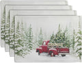 Red Truck Christmas Placemats Set of 4, 12x18 Inch Green Pine Tree Snow Xmas Table Mats Seasonal Rustic Farmhouse Linen Fabric Place Mats for Winter Holiday Party Kitchen Dining Decor-Ruum Studio Home