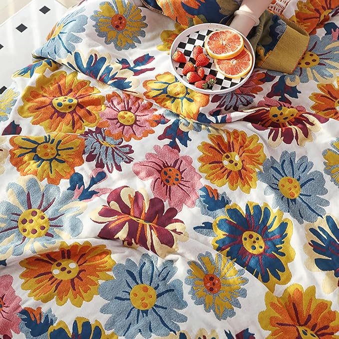 Boho Muslin Blanket for Adults 4-Layer Gauze 80 x 90 Inches Soft Cozy 100% Cotton Summer Cooling Blanket Floral Decor for Sofa Bed Coverlet Both Sides (Daisy Floral, 80 x 90 in)-Ruum Studio Home