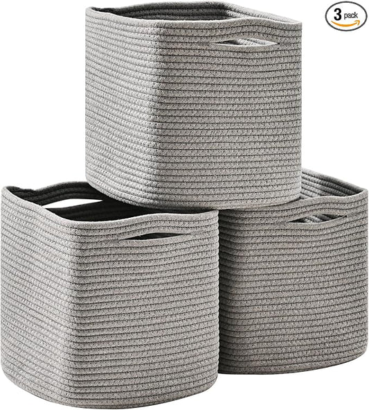 11 Inch Cube Storage Bins, Storage Cube Organizer Bins, Woven Cotton Rope Basket for Storage, Storage Baskets for Organizing Shelves, Grey Baskets for Toys Nursery, Grey (Pack of 3)-Ruum Studio Home