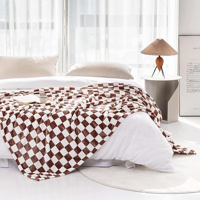 LOMAO Throw Blankets Flannel Blanket with Checkerboard Grid Pattern Soft Throw Blanket for Couch, Bed, Sofa Luxurious Warm and Cozy for All Seasons (Coffee, 50"x60")-Ruum Studio Home