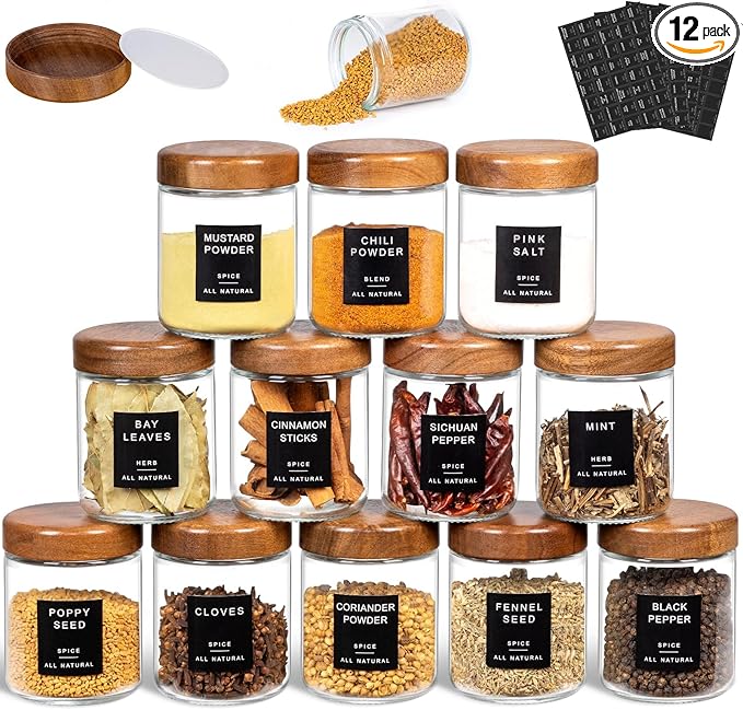 Yangbaga 12Pcs Glass Spice Jars with Labels-8oz Acacia Wood Lid Square Spice Containers,Seasoning Jars for Rack Cabinet Drawer,KitchenPantry Daily Use-Ruum Studio Home