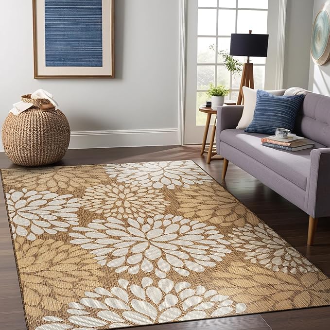 Beverly Rug Outdoor Rug 9x12 Modern Exotic Tropical Leaf Area Rugs for Indoor and Outdoor Patio Deck Porch Garden Water Resistant Washable Outside Carpet (9 x 12 Wooden)-Ruum Studio Home