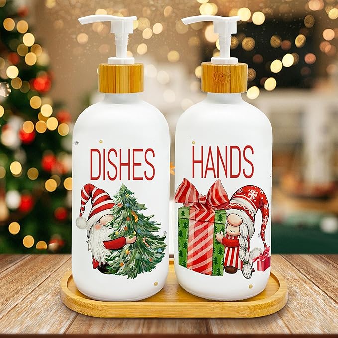 Hexagram Christmas Soap Dispenser Set of 2, Christmas Kitchen Decor, Xmas Gnomes Glass Soap Dispenser for Home Indoor Decorations, Xmas Refillable Lotion Essential Oil Dispensers with Pump-Ruum Studio Home