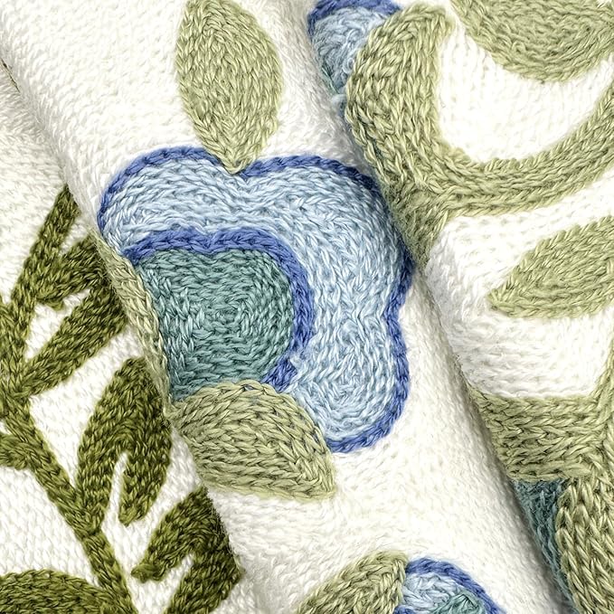 Alysheer Floral Embroidered Summer Decorative Throw Pillow Covers 20"x 20" Set of 2, Farmhouse Cottage Blue Flowers Green Leaves Knit Pattern Cotton Canvas Cushion Case for Couch Bed Living Room-Ruum Studio Home