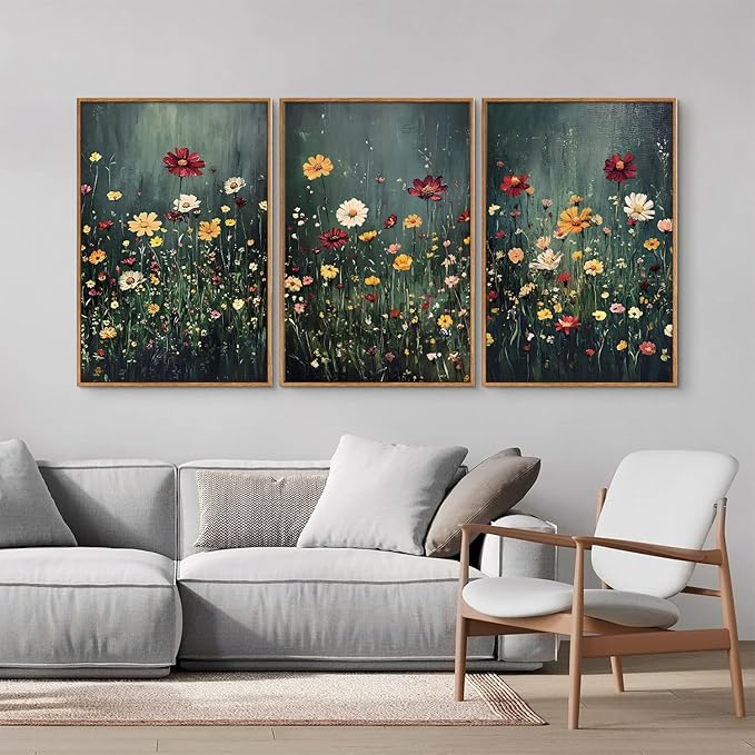 SIGNINART Vintage Floral Framed Canvas Wall Art, Dark Moody Wildflowers Wall Decor, Boho Abstract Flowers Artwork, Colorful Botanical Aestheticrt Art Paintings for Bedroom Living Room Office 16"x24"x3-Ruum Studio Home