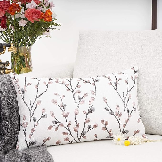 YOUR SMILE Classical Embroidery Jacquard Farmhouse Oblong Rectangle Chenille Red Leaf Decorative Throw Pillow Case,12x20 inch-Ruum Studio Home