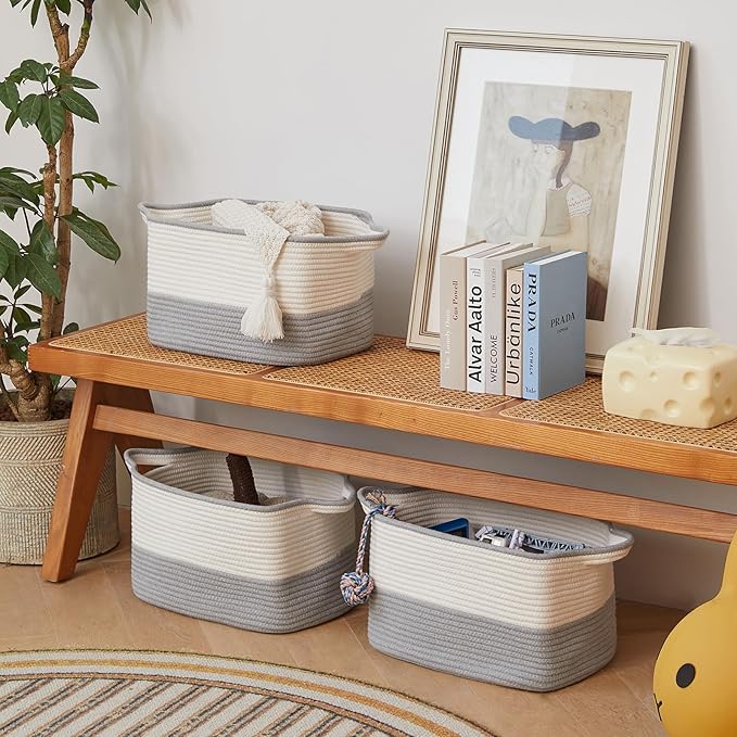 Cotton Rope Storage Basket Set of 3 (15"x10.2"x9.1") - Rectangle Storage Bins - Versatile Toy Storage Organizer - Perfect for Kids, Dog Toys, Books, Shelves - White & Grey-Ruum Studio Home